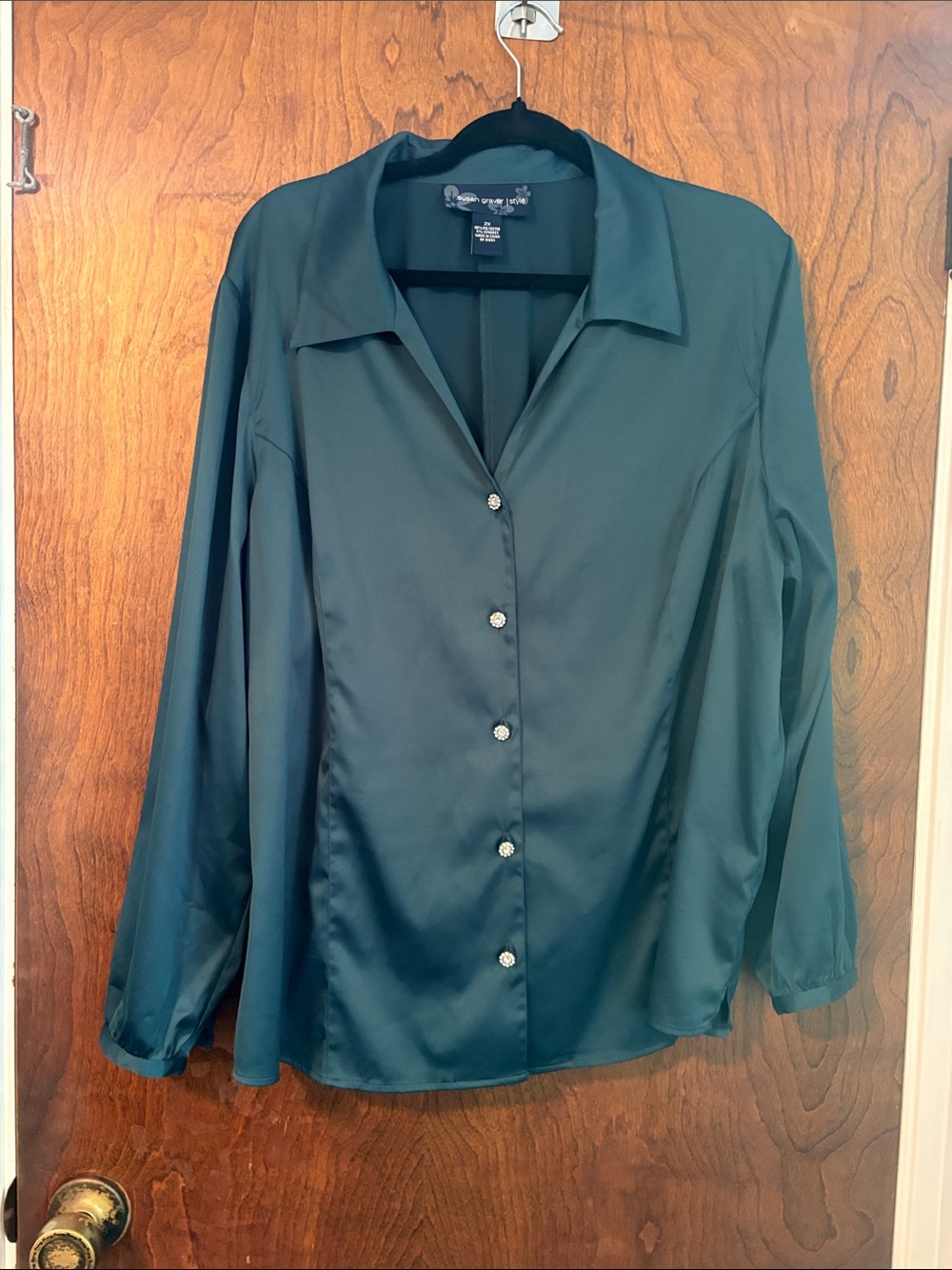 Susan Graver Teal Satin Button-Front Blouse